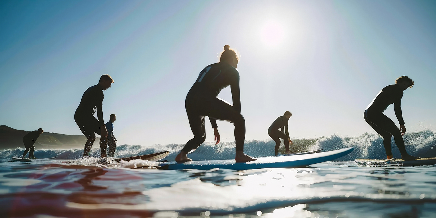 A group of friends learning to surf at a beach, practicing on their boards with an instructor nearby