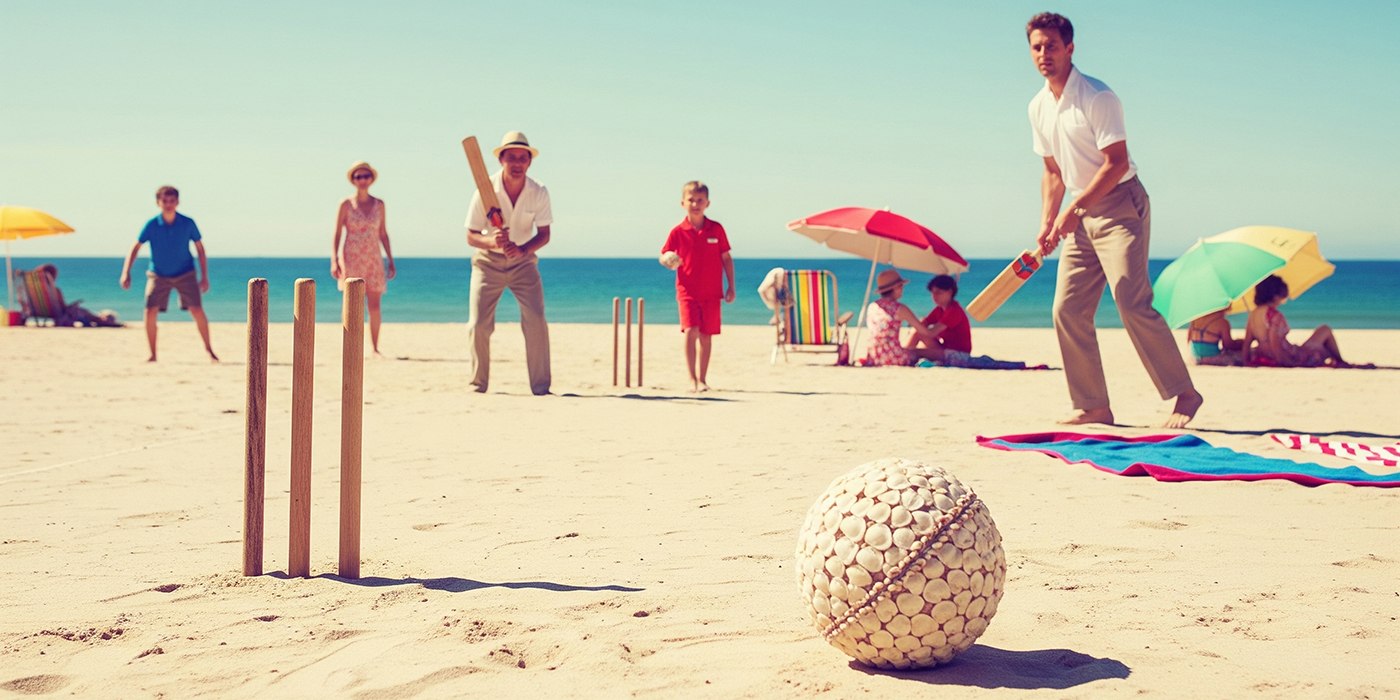 Relaxed beach cricket scene featuring family playing on a sunny