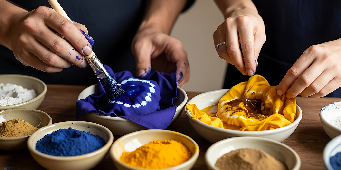 Handcrafting vibrant textile art using natural earth pigments and dye painting