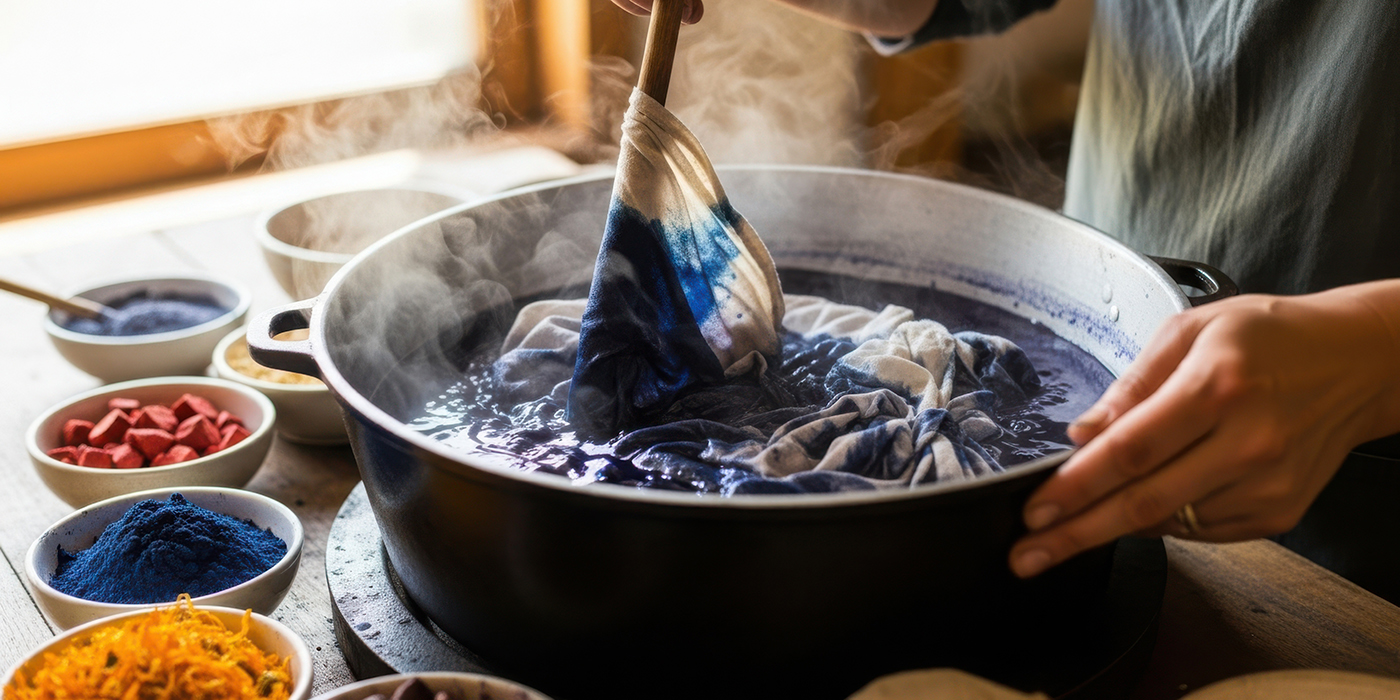 Natural dye process in bowl using dye extracted from plants, dye