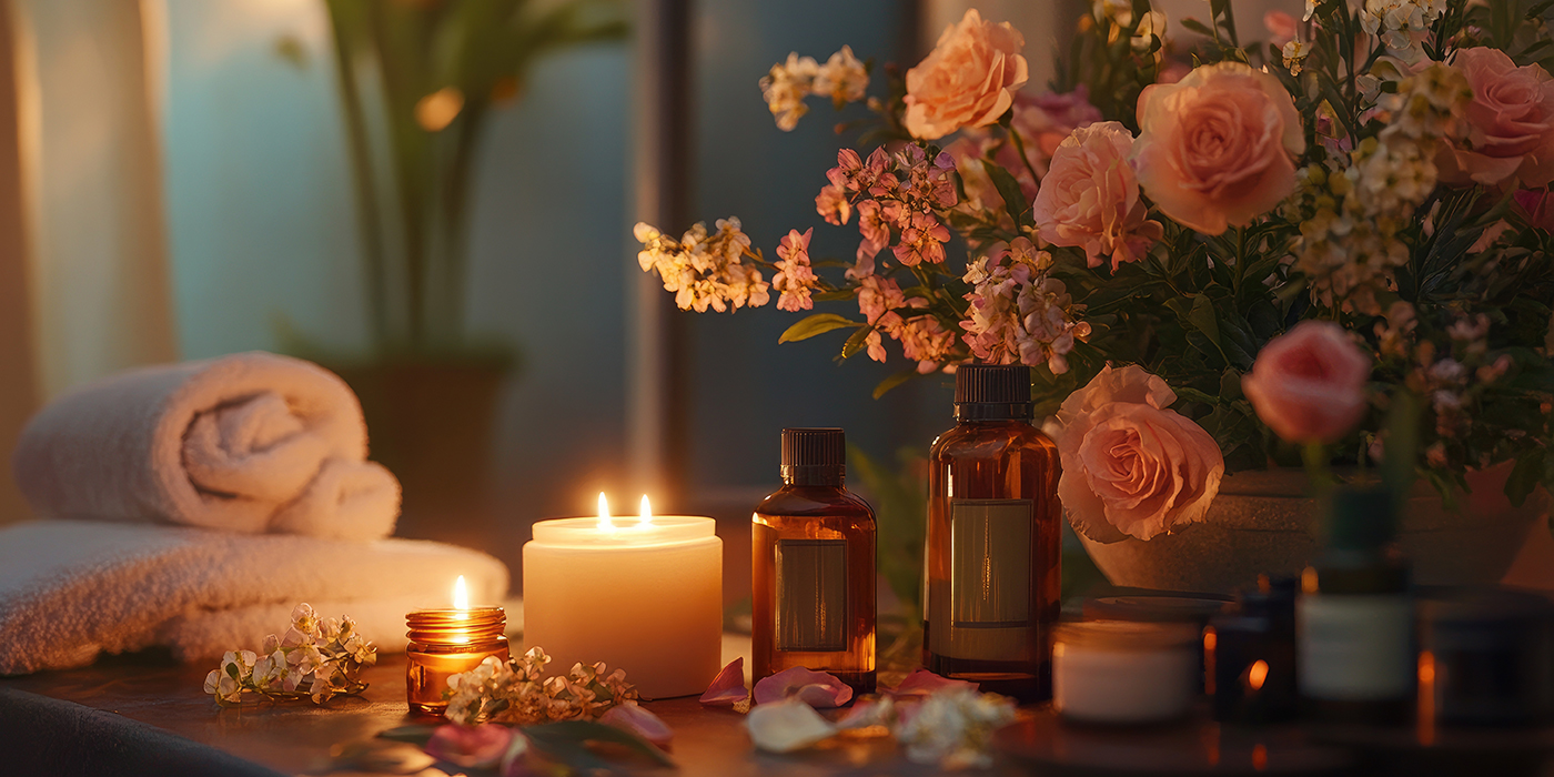 Elegant spa arrangement with soft candlelight, floral accents, and essential oils, capturing the beauty of wellness and relaxation