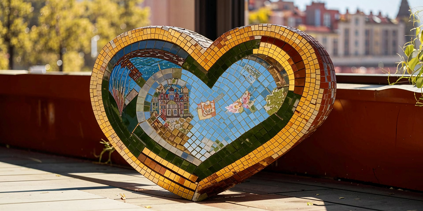 a heart shaped mosaic on the ground near a window