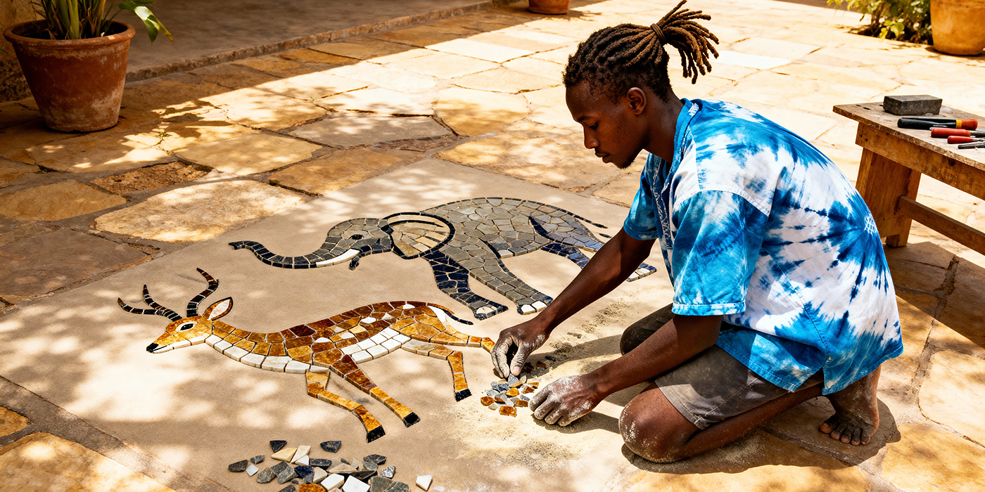 African artist creating a handmade animal mosaic on a stone patio floor. Young craftsman working with tiles to make a gazelle and elephant design
