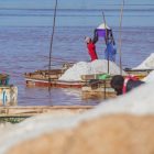 Récolteur de sel en pirogue sur le lac Rose au Sénégal